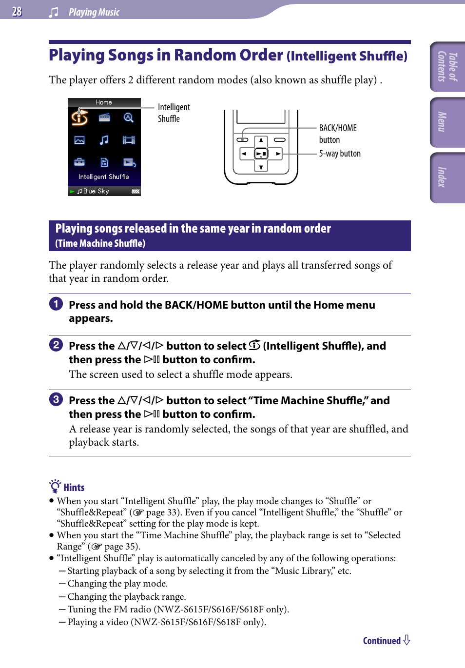 Playing songs in random order, Intelligent shuffle), Playing songs released in the same year in | Random order, Time machine shuffle), Time machine shuffle | Sony NWZ-S616FSLV User Manual | Page 28 / 134