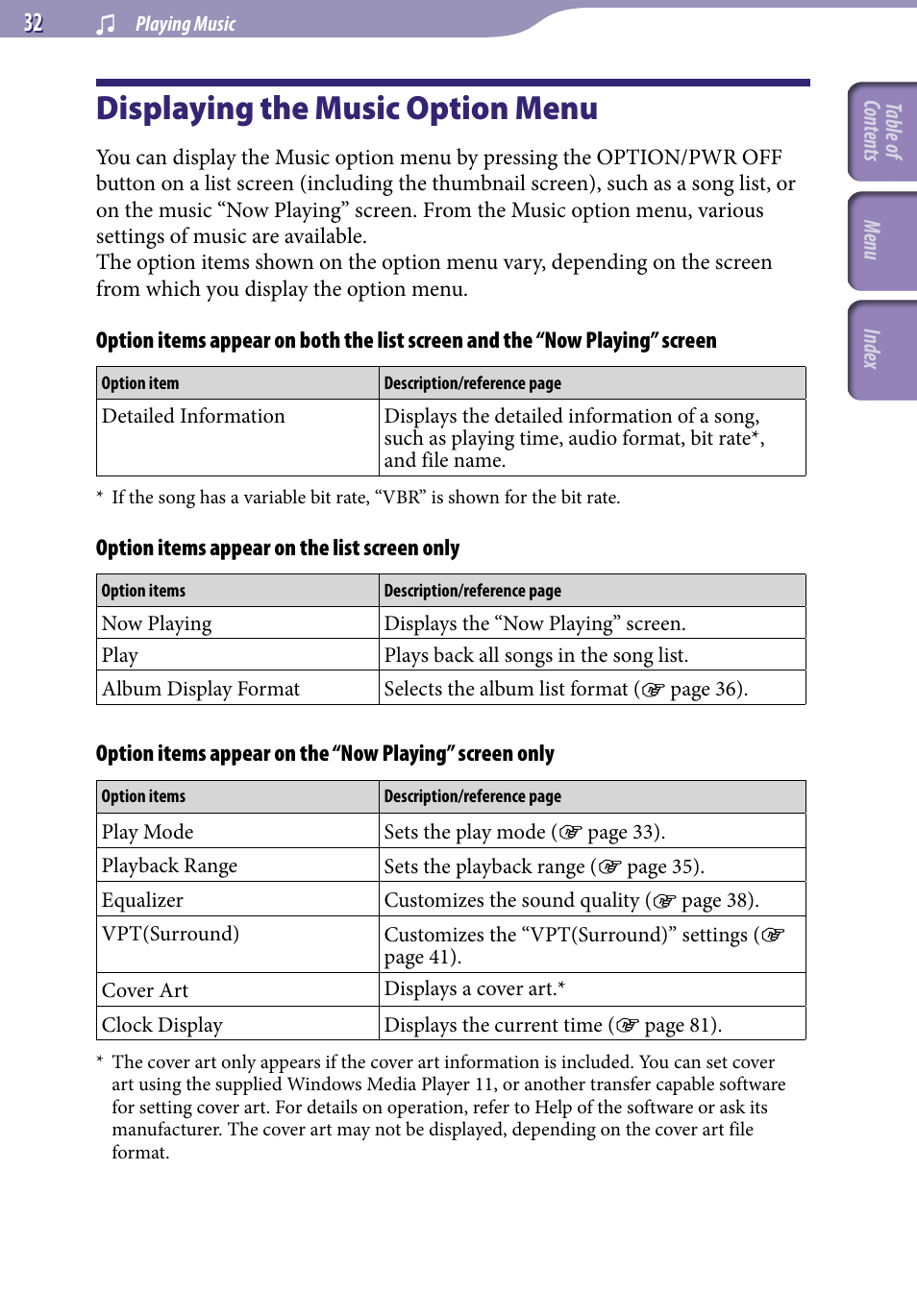 Displaying the music option menu | Sony NWZ-S616FSLV User Manual | Page 32 / 134
