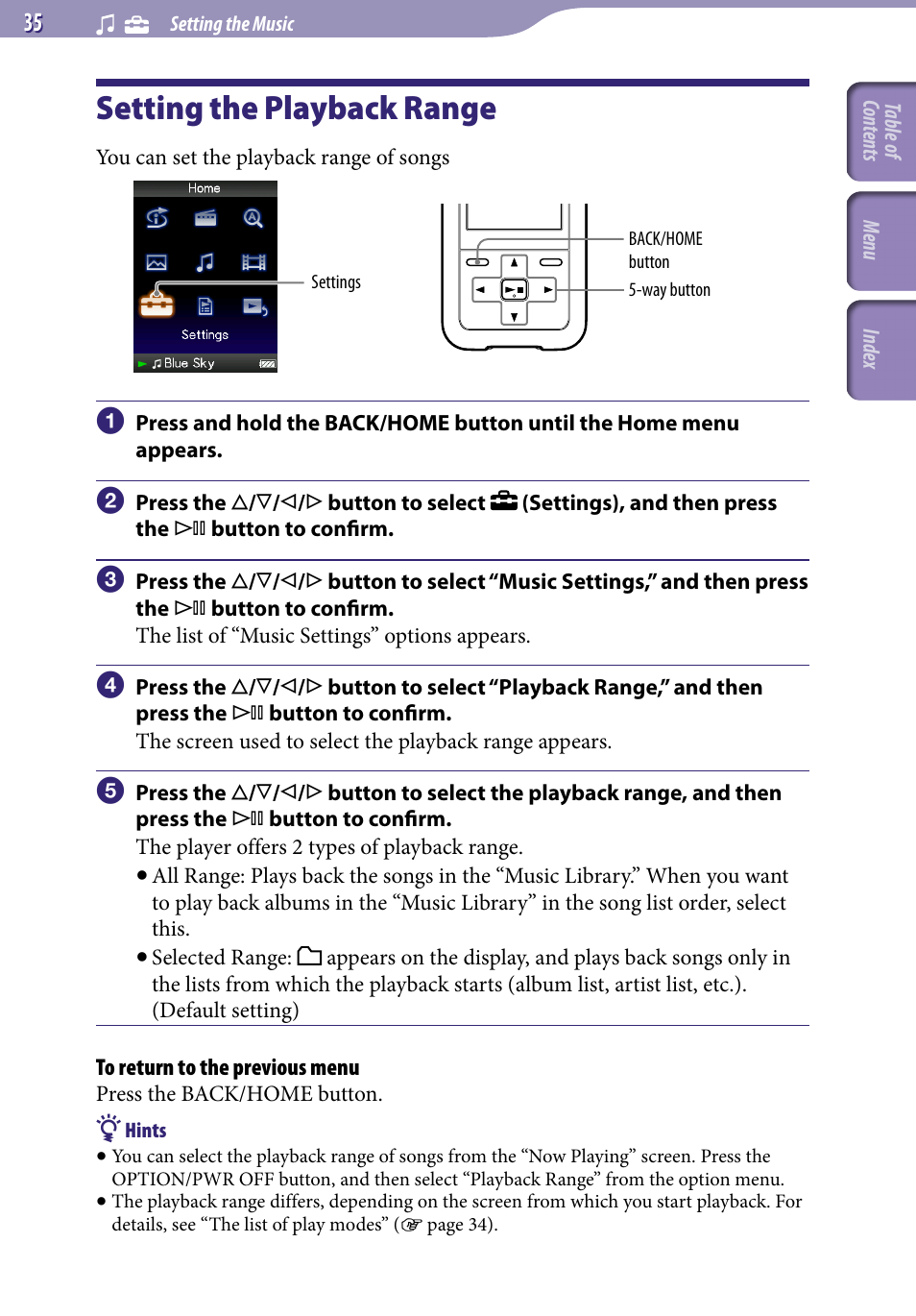 Setting the playback range, Playback range | Sony NWZ-S616FSLV User Manual | Page 35 / 134