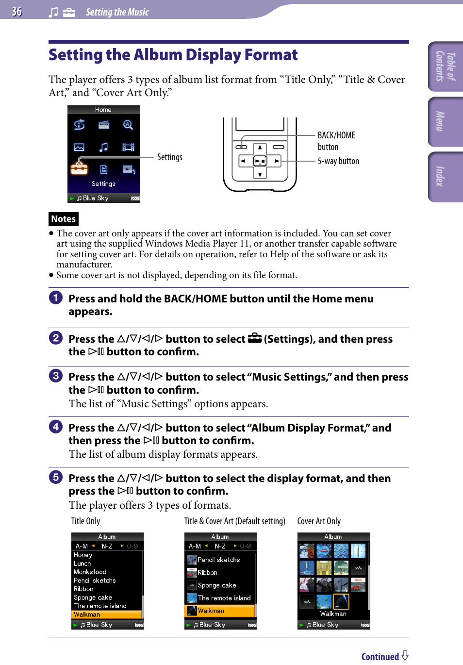 Setting the album display format, Album display format | Sony NWZ-S616FSLV User Manual | Page 36 / 134