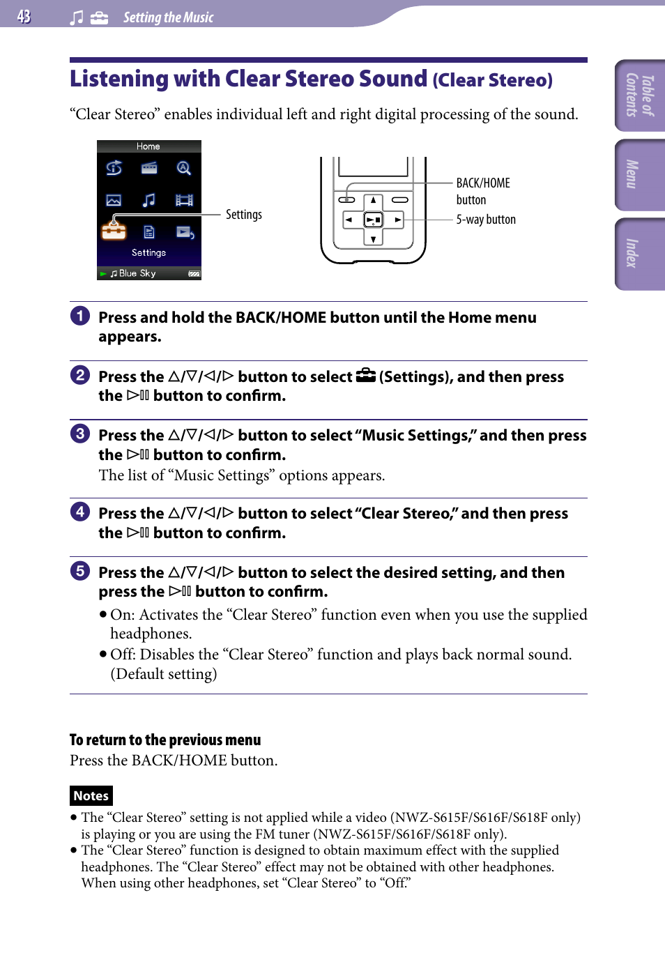 Listening with clear stereo sound (clear stereo), Listening with clear stereo sound, Clear stereo) | Clear stereo | Sony NWZ-S616FSLV User Manual | Page 43 / 134
