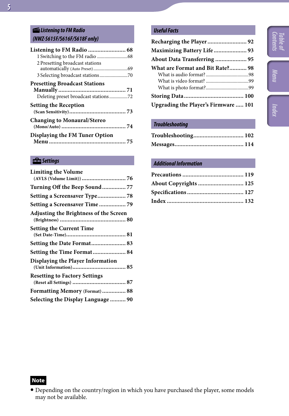 Table of cont ents men u inde x | Sony NWZ-S616FSLV User Manual | Page 5 / 134