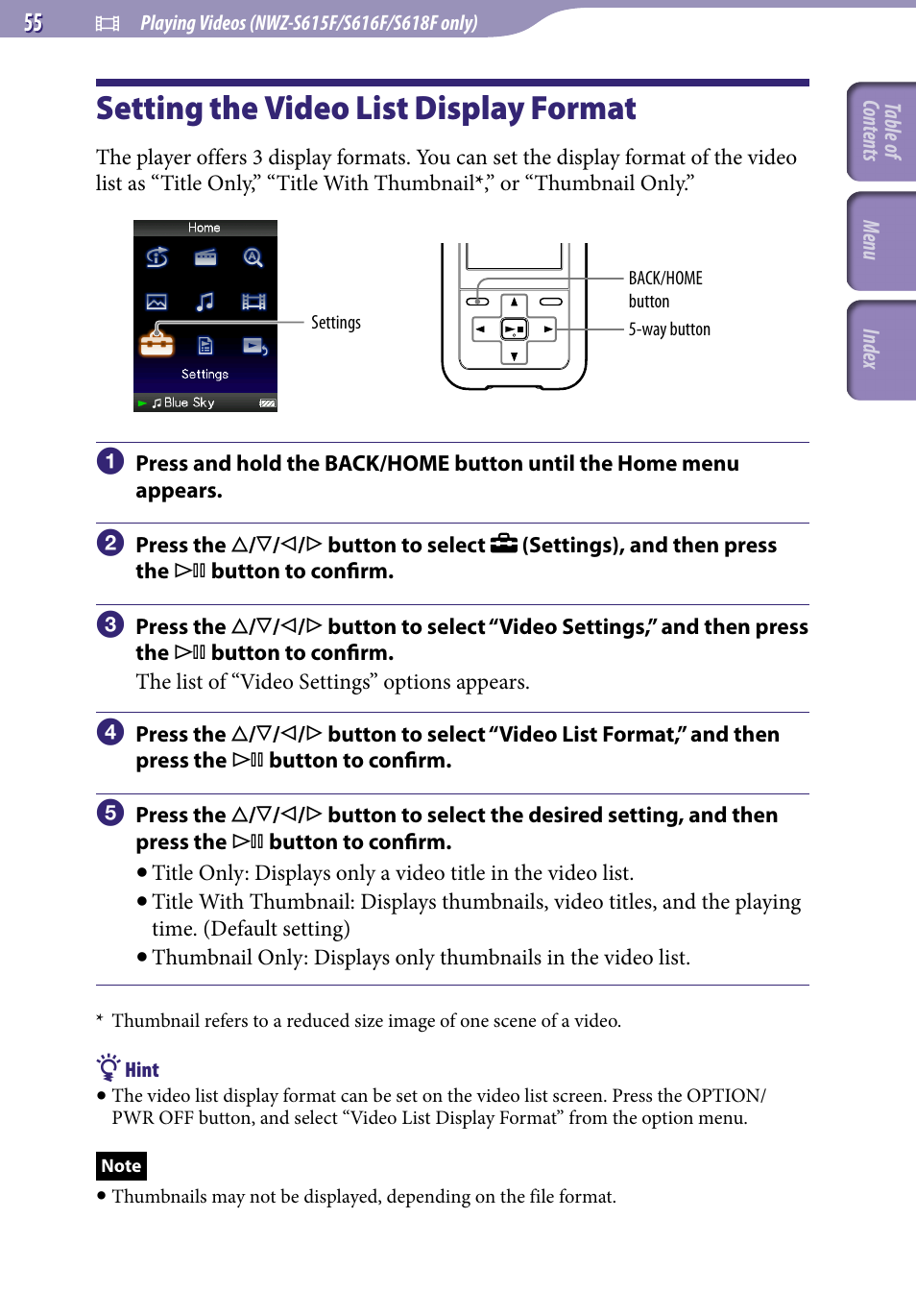 Setting the video list display format, Setting the video list display, Format | Video list format | Sony NWZ-S616FSLV User Manual | Page 55 / 134