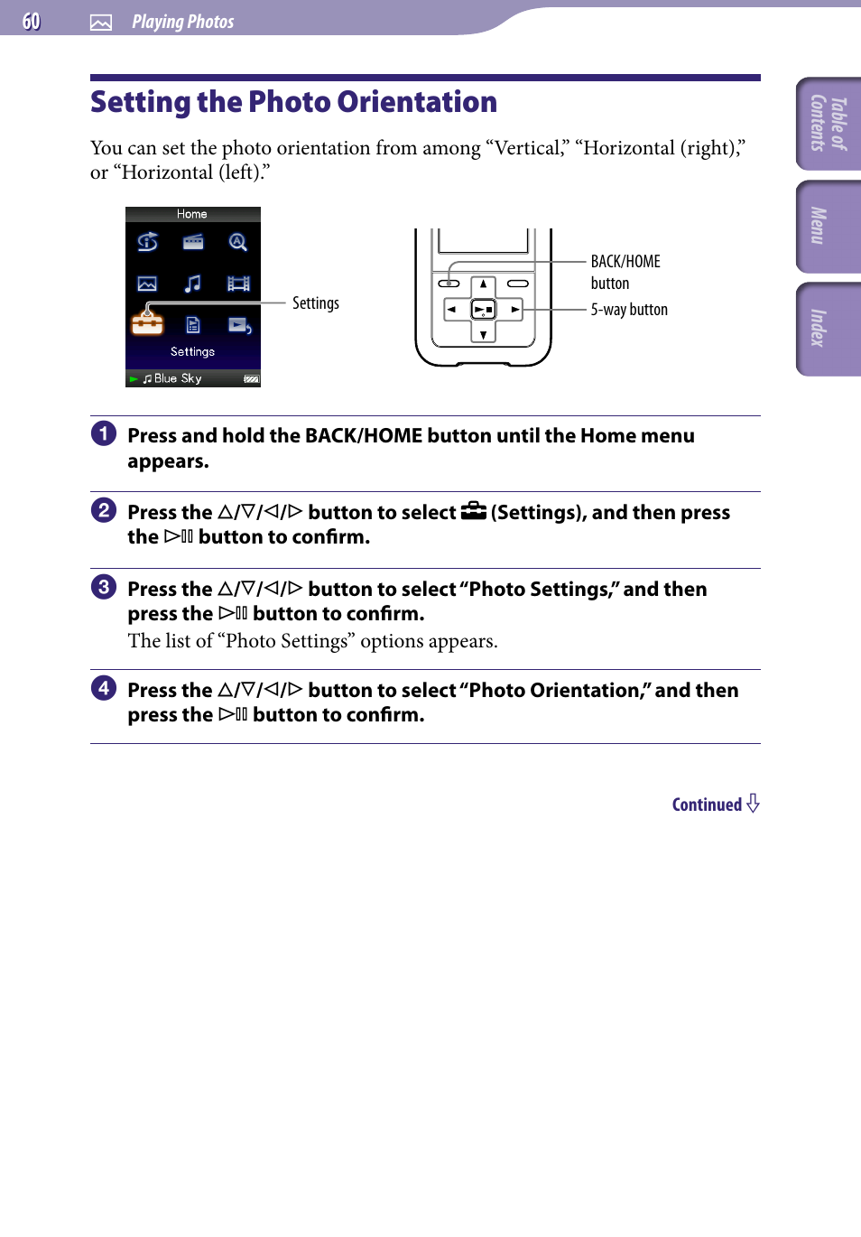 Setting the photo orientation, Photo orientation | Sony NWZ-S616FSLV User Manual | Page 60 / 134