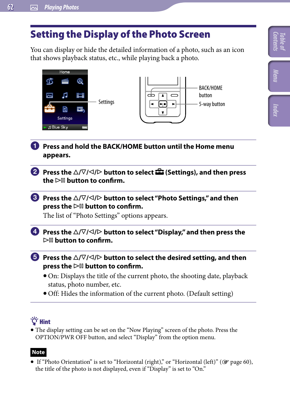 Setting the display of the photo screen, Setting the display of the photo, Screen | Display | Sony NWZ-S616FSLV User Manual | Page 62 / 134