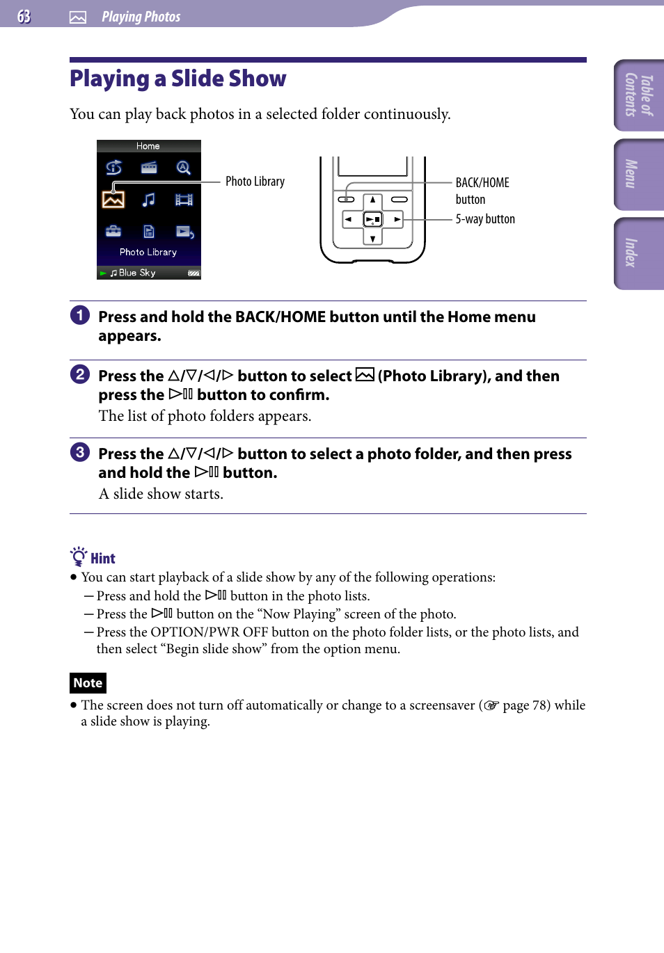 Playing a slide show | Sony NWZ-S616FSLV User Manual | Page 63 / 134