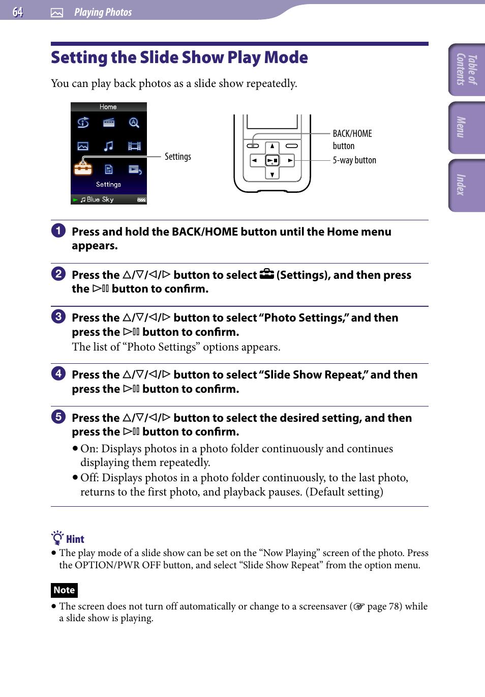 Setting the slide show play mode, Slide show repeat | Sony NWZ-S616FSLV User Manual | Page 64 / 134