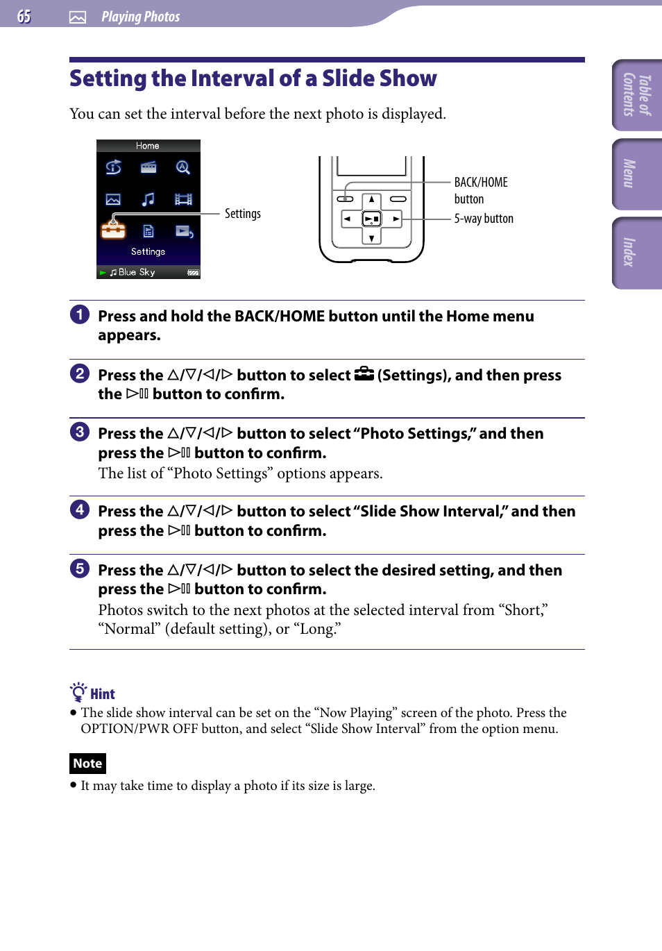 Setting the interval of a slide show, Slide show interval | Sony NWZ-S616FSLV User Manual | Page 65 / 134