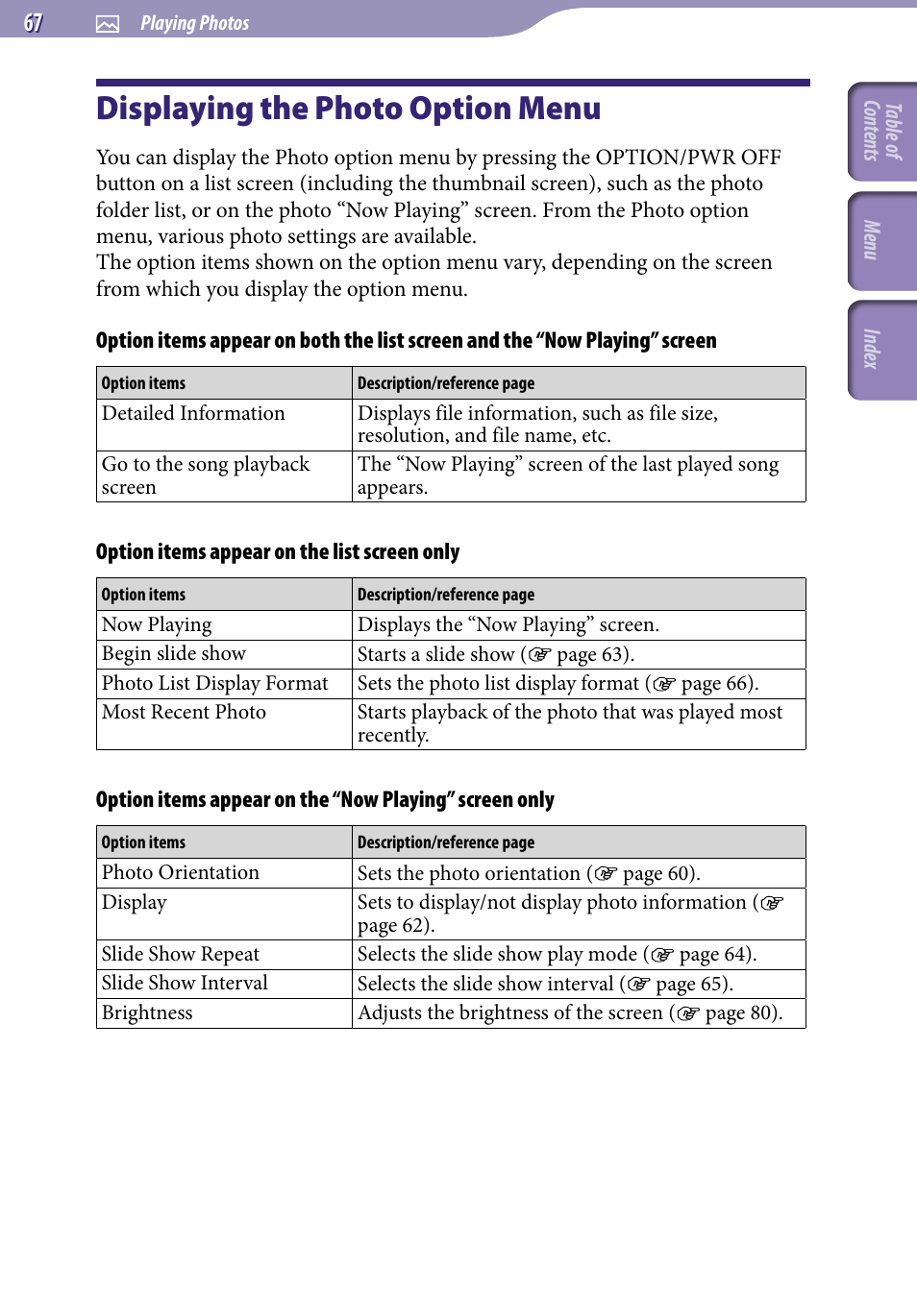 Displaying the photo option menu | Sony NWZ-S616FSLV User Manual | Page 67 / 134