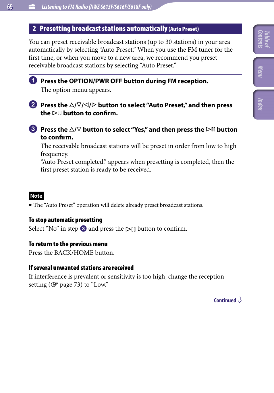 2 presetting broadcast stations, Automatically, Auto preset) | 2 presetting broadcast stations automatically | Sony NWZ-S616FSLV User Manual | Page 69 / 134