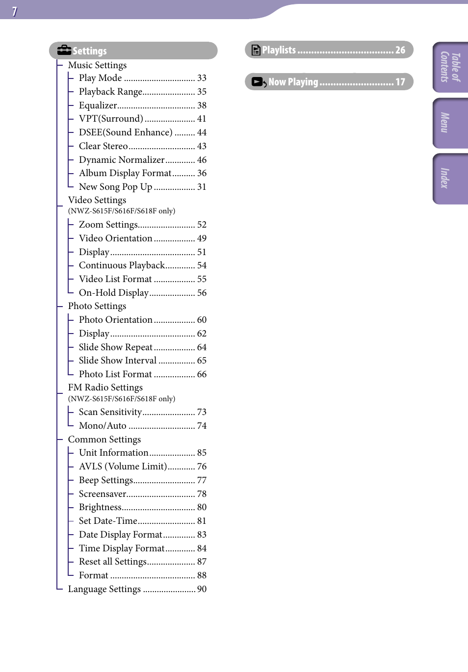 Sony NWZ-S616FSLV User Manual | Page 7 / 134