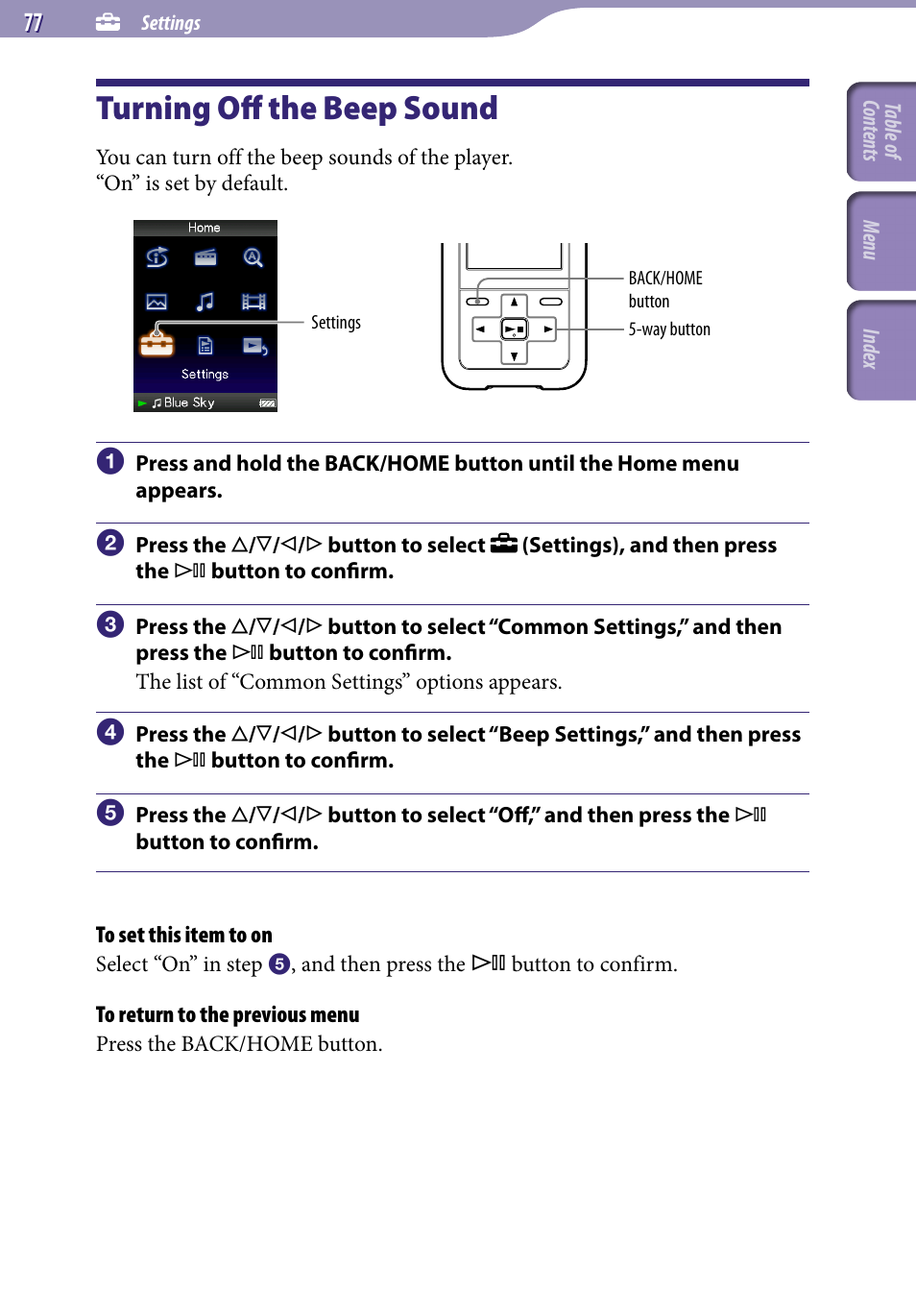 Turning off the beep sound, Beep settings | Sony NWZ-S616FSLV User Manual | Page 77 / 134