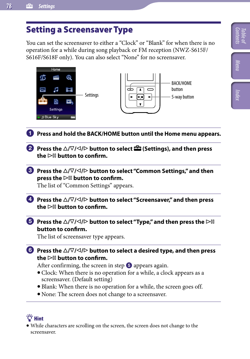 Setting a screensaver type, Screensaver | Sony NWZ-S616FSLV User Manual | Page 78 / 134