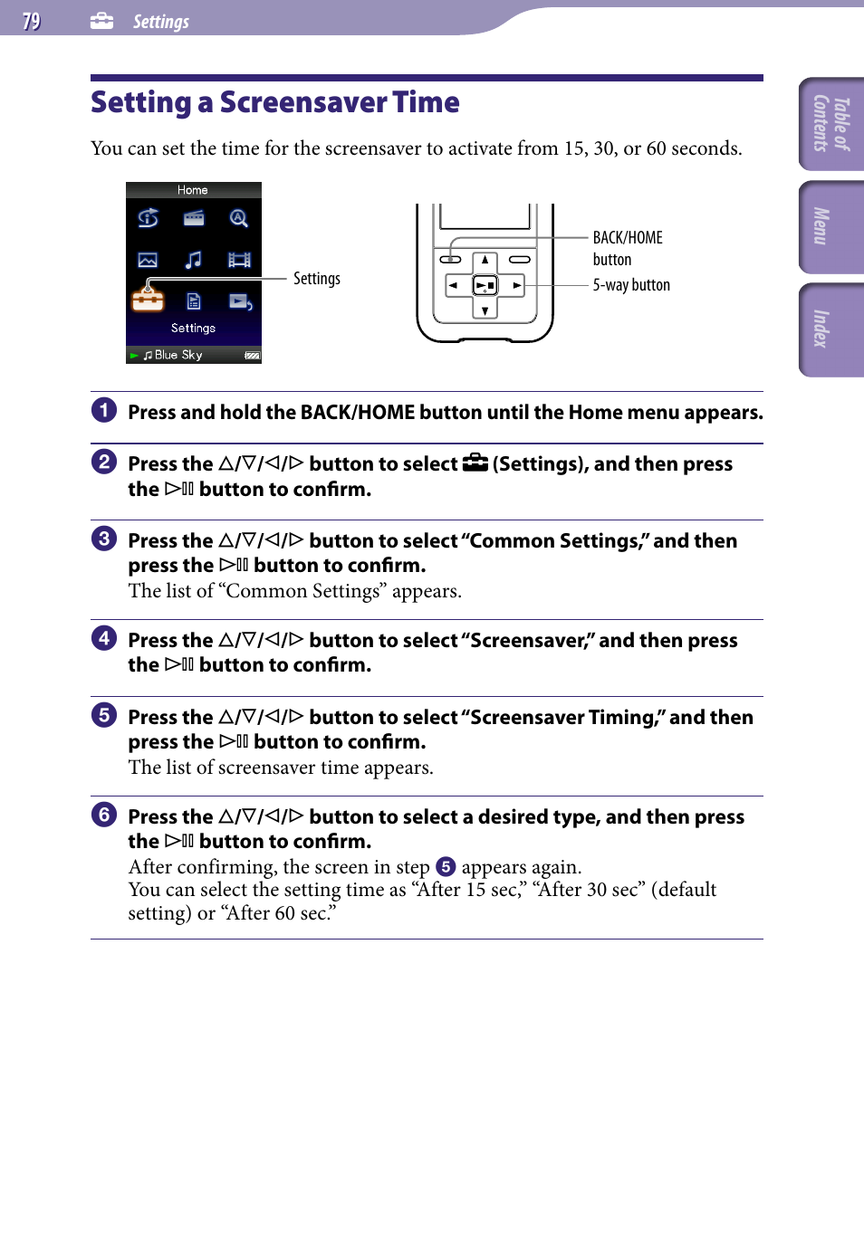 Setting a screensaver time | Sony NWZ-S616FSLV User Manual | Page 79 / 134