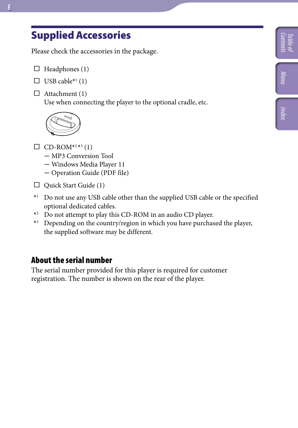 Supplied accessories, About the serial number | Sony NWZ-S616FSLV User Manual | Page 8 / 134