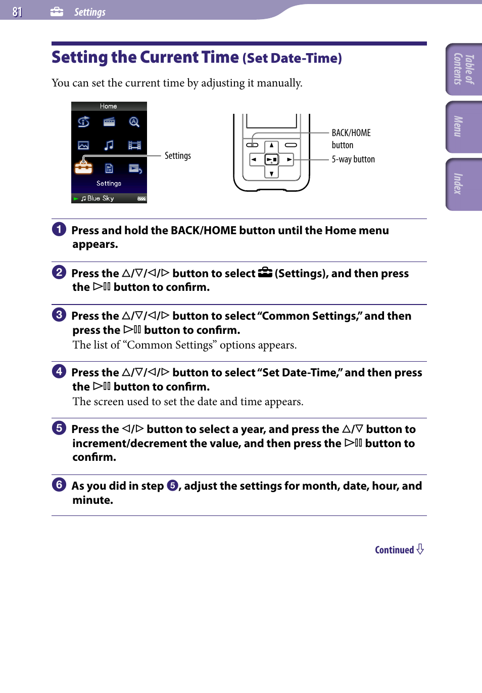Setting the current time (set date-time), Setting the current time, Set date-time) | Set date-time | Sony NWZ-S616FSLV User Manual | Page 81 / 134