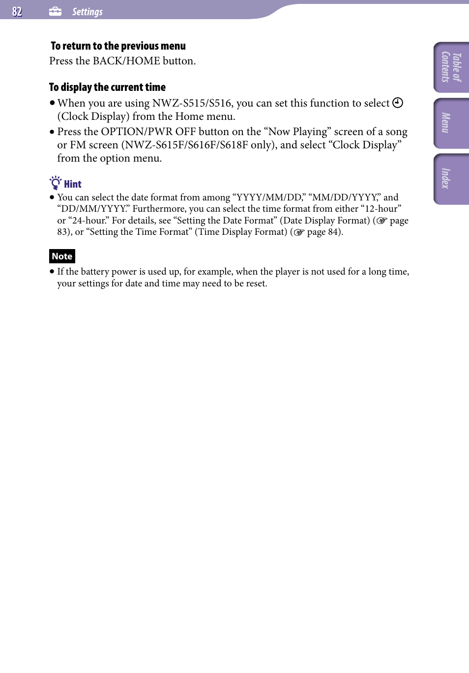 Clock display, Nwz-s515/s516 only) | Sony NWZ-S616FSLV User Manual | Page 82 / 134