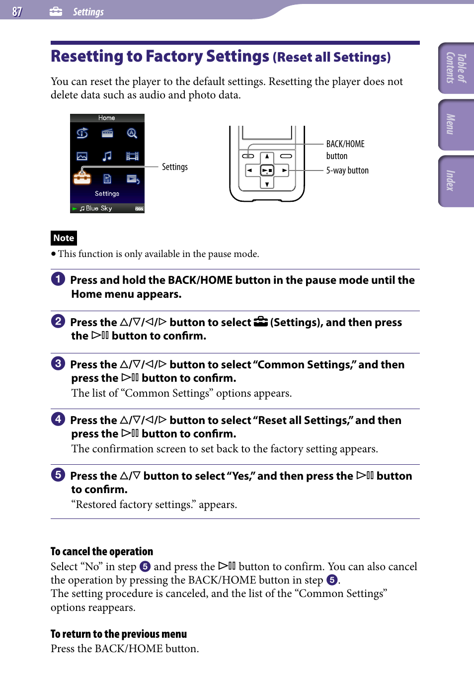 Resetting to factory settings (reset all settings), Resetting to factory settings, Reset all settings) | Reset all settings | Sony NWZ-S616FSLV User Manual | Page 87 / 134