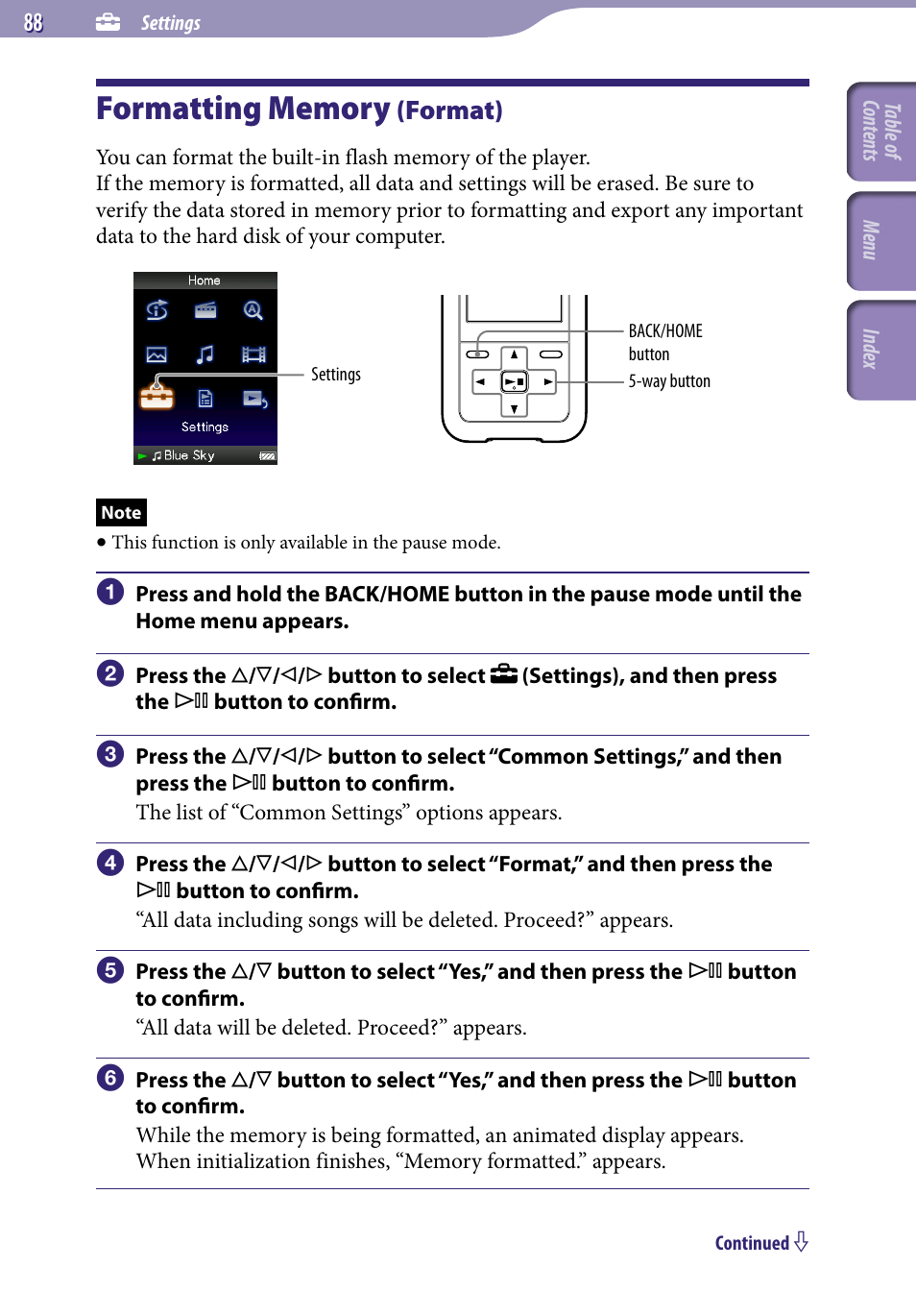 Formatting memory (format), Formatting memory, Format) | Format | Sony NWZ-S616FSLV User Manual | Page 88 / 134