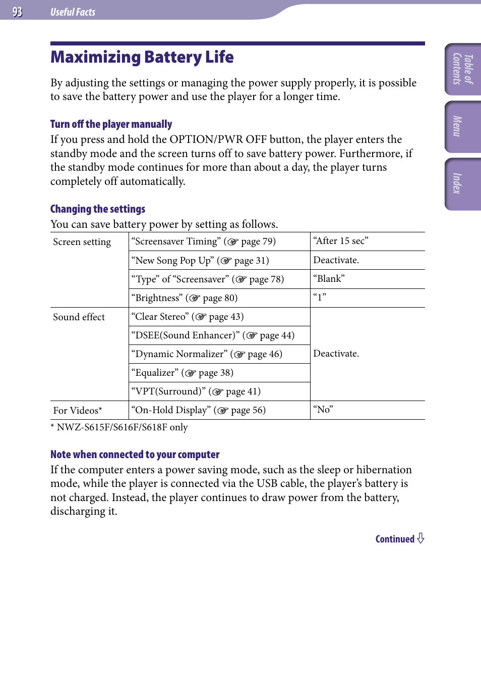 Maximizing battery life | Sony NWZ-S616FSLV User Manual | Page 93 / 134