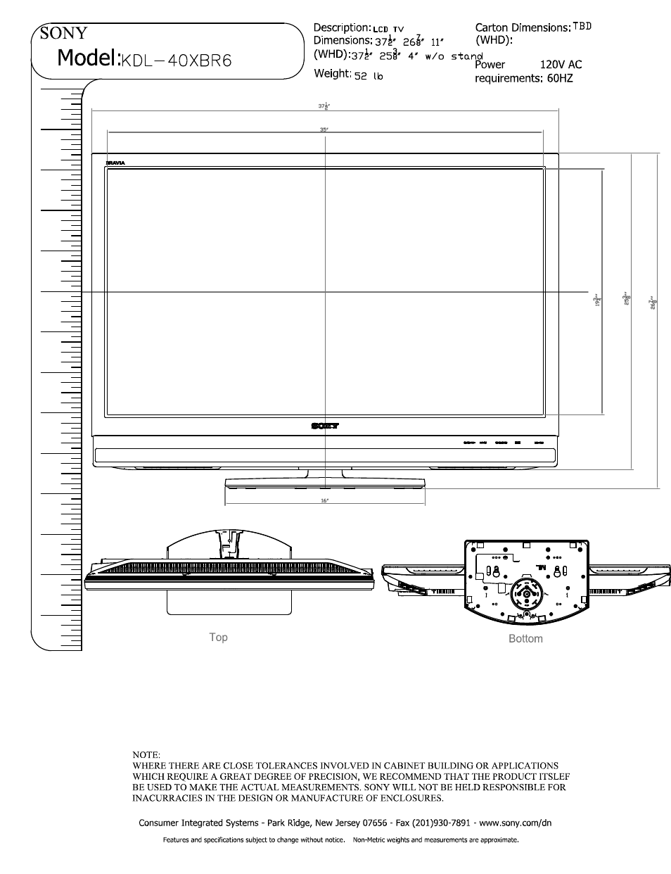 Sony KDL-40XBR6 User Manual | 3 pages