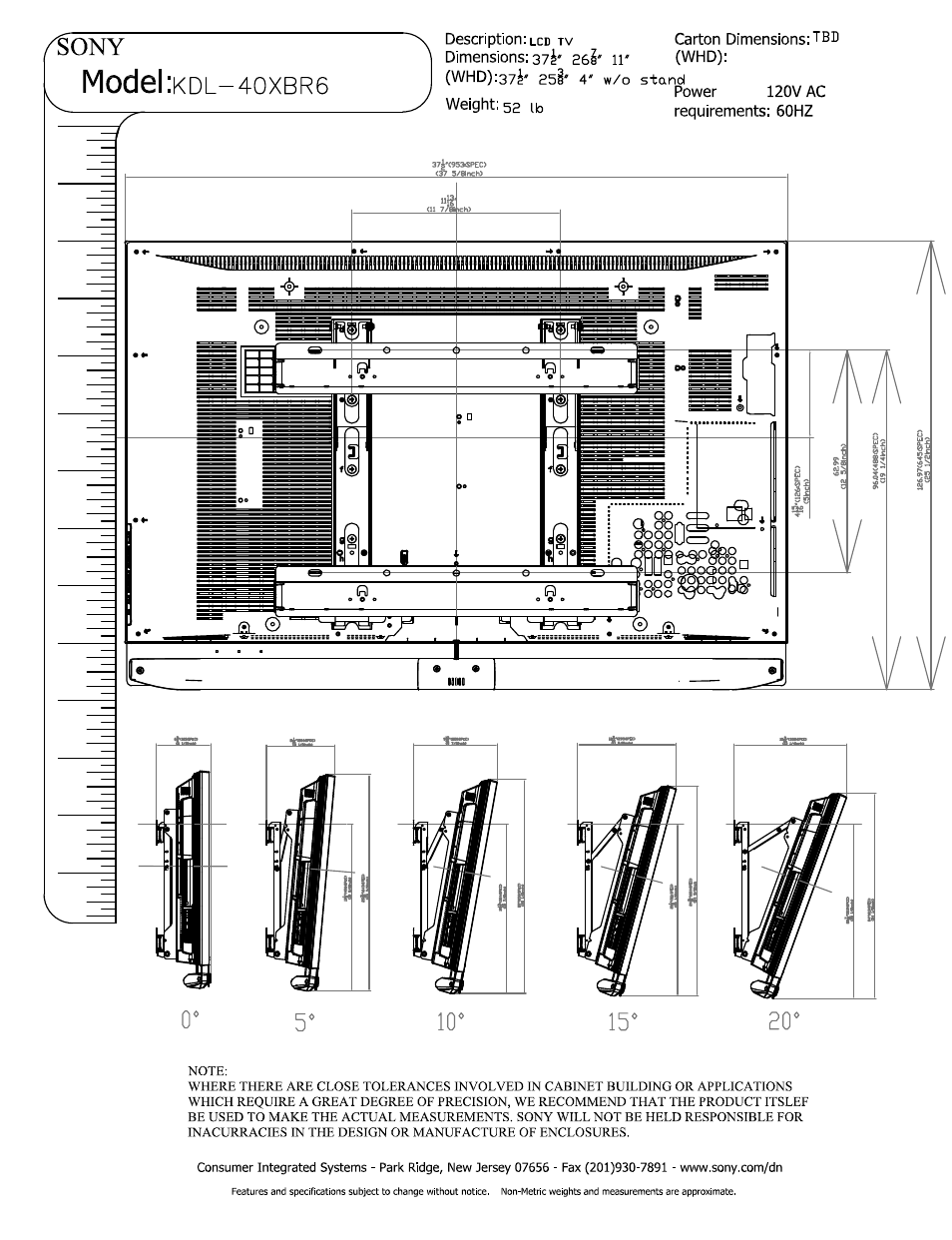 Model, Oxbr | Sony KDL-40XBR6 User Manual | Page 3 / 3