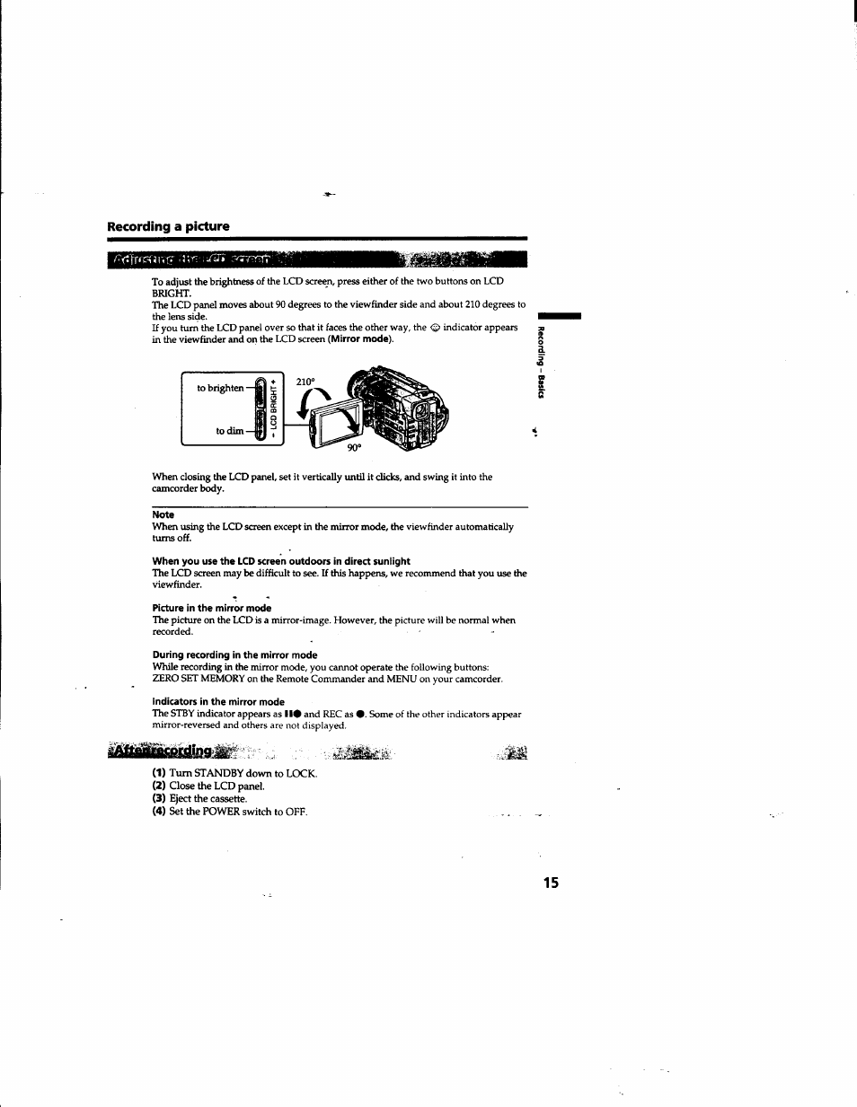 Note, Picture in the mirror mode, During recording in the mirror mode | Indicators in the mirror mode | Sony DCR-TRV315 User Manual | Page 15 / 84