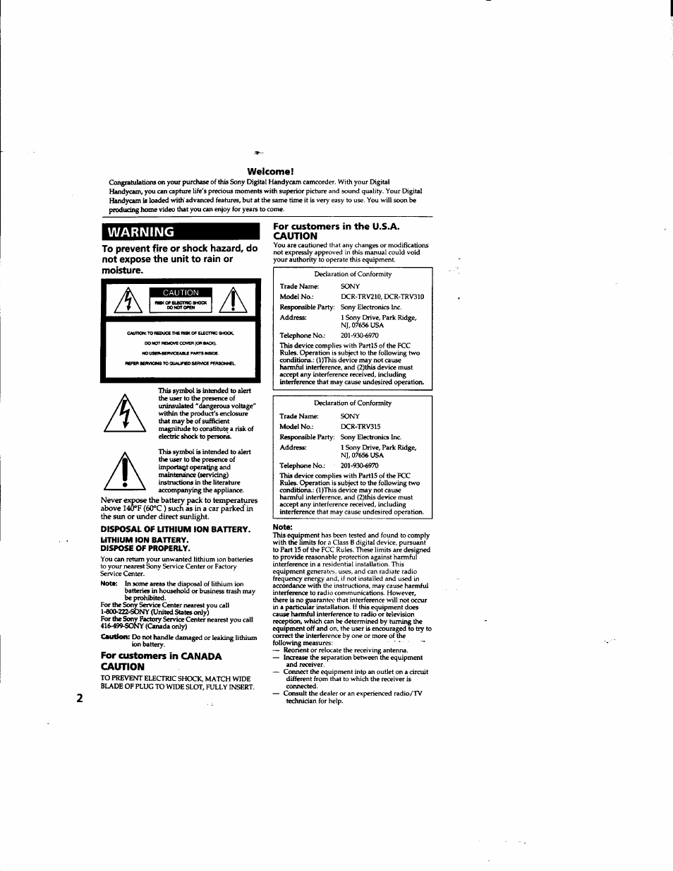 Welcome, For customers in canada caution, For customers in the u.s.a. caution | Note, Warning | Sony DCR-TRV315 User Manual | Page 2 / 84