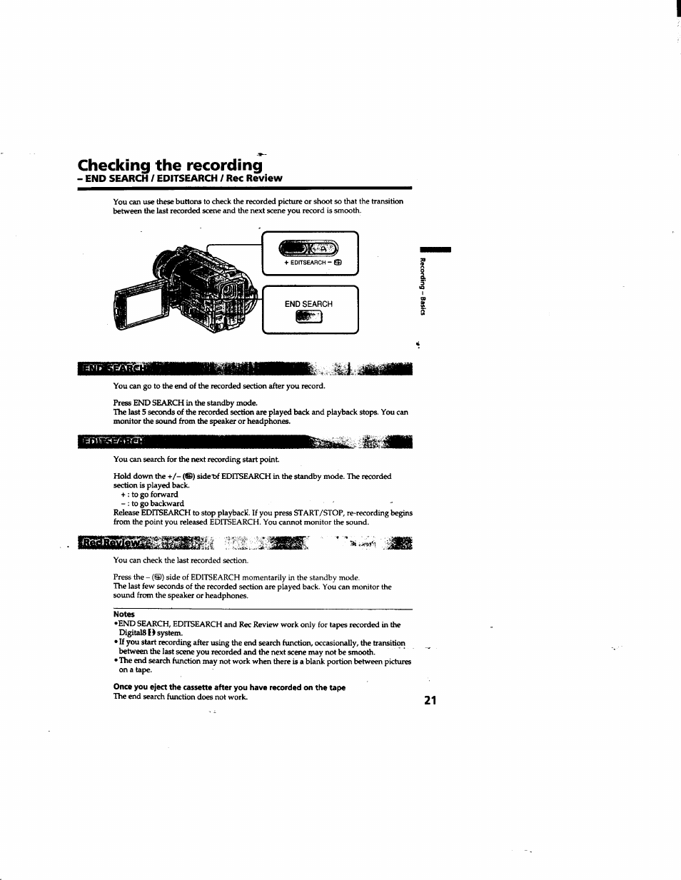 Checking the recording, End search / editsearch / rec review | Sony DCR-TRV315 User Manual | Page 21 / 84