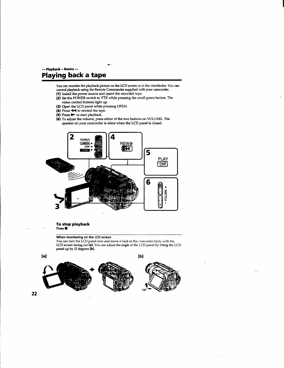 Playback - basics, Playing back a tape, To stop playback | Sony DCR-TRV315 User Manual | Page 22 / 84