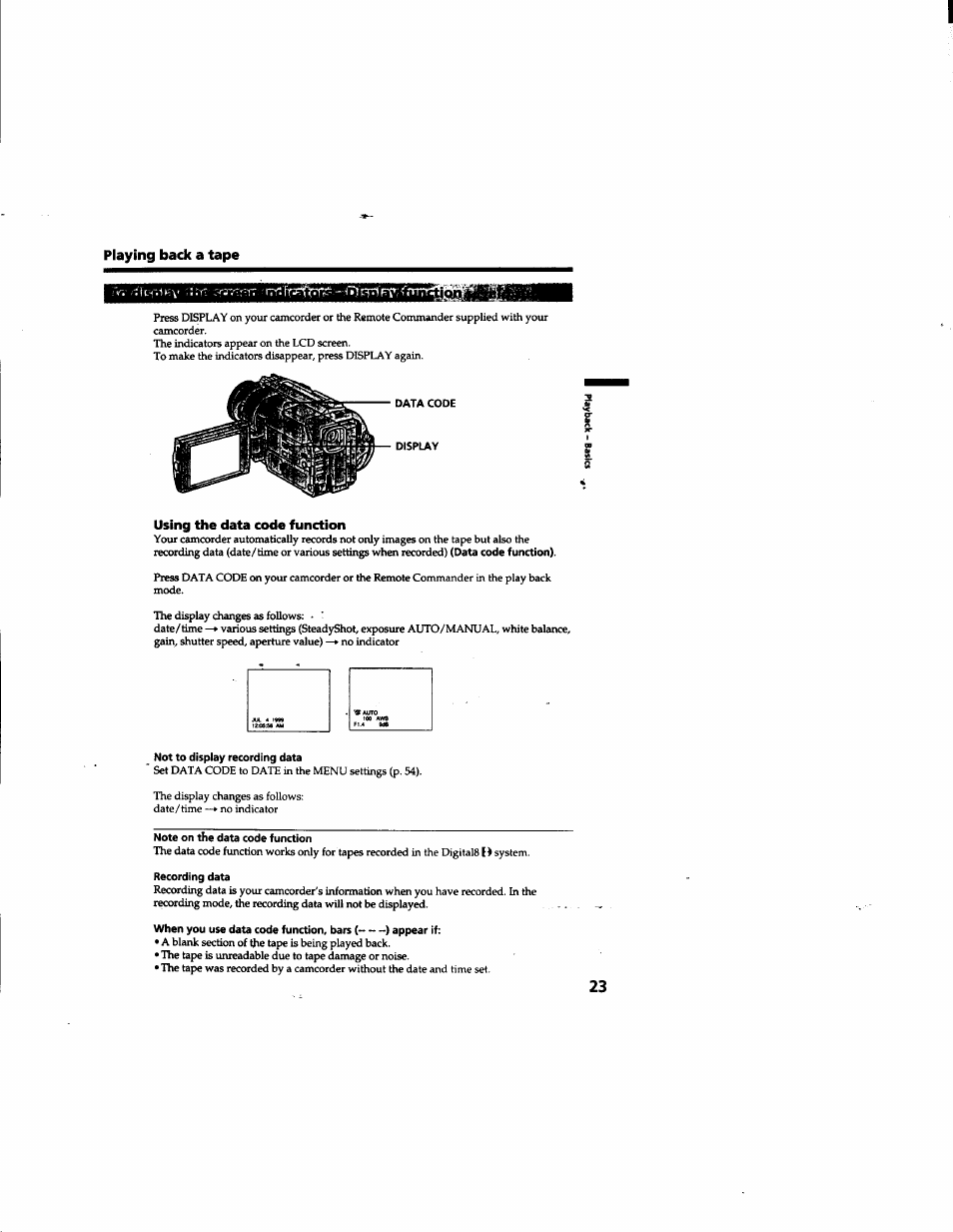 Using the data code function | Sony DCR-TRV315 User Manual | Page 23 / 84