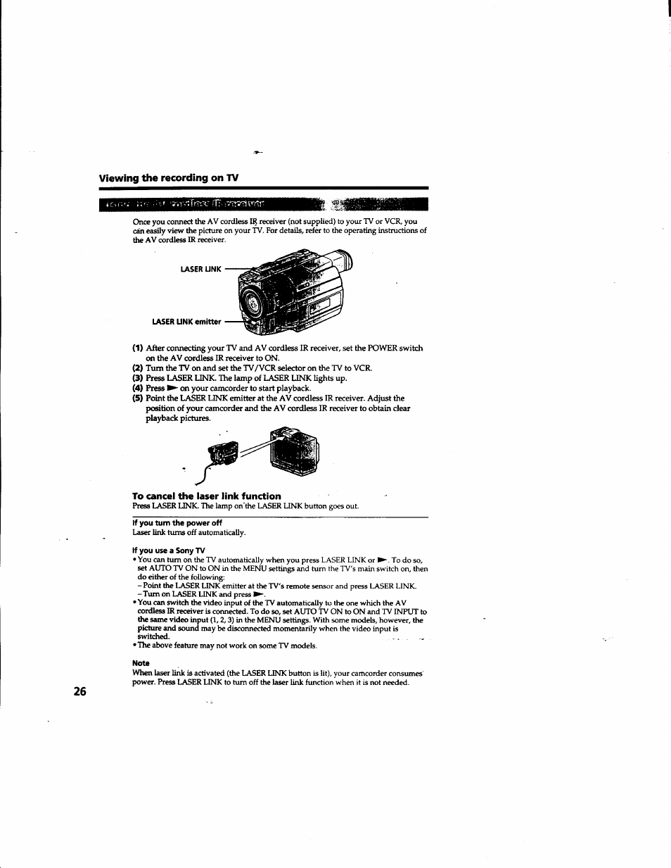 Viewing the recording on tv, To cancel the laser link function | Sony DCR-TRV315 User Manual | Page 26 / 84