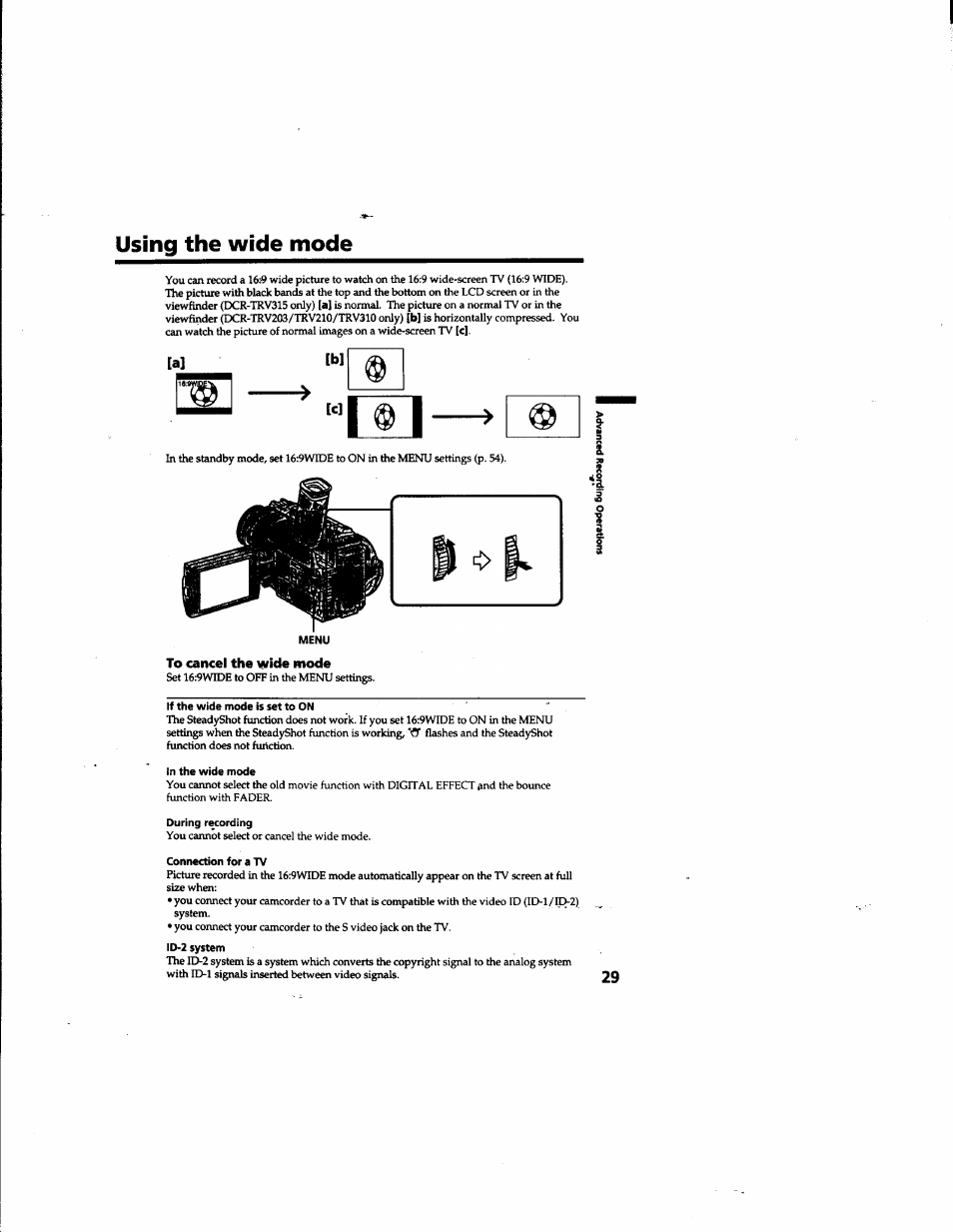 Using the wide mode, To cancel the wide mode | Sony DCR-TRV315 User Manual | Page 29 / 84