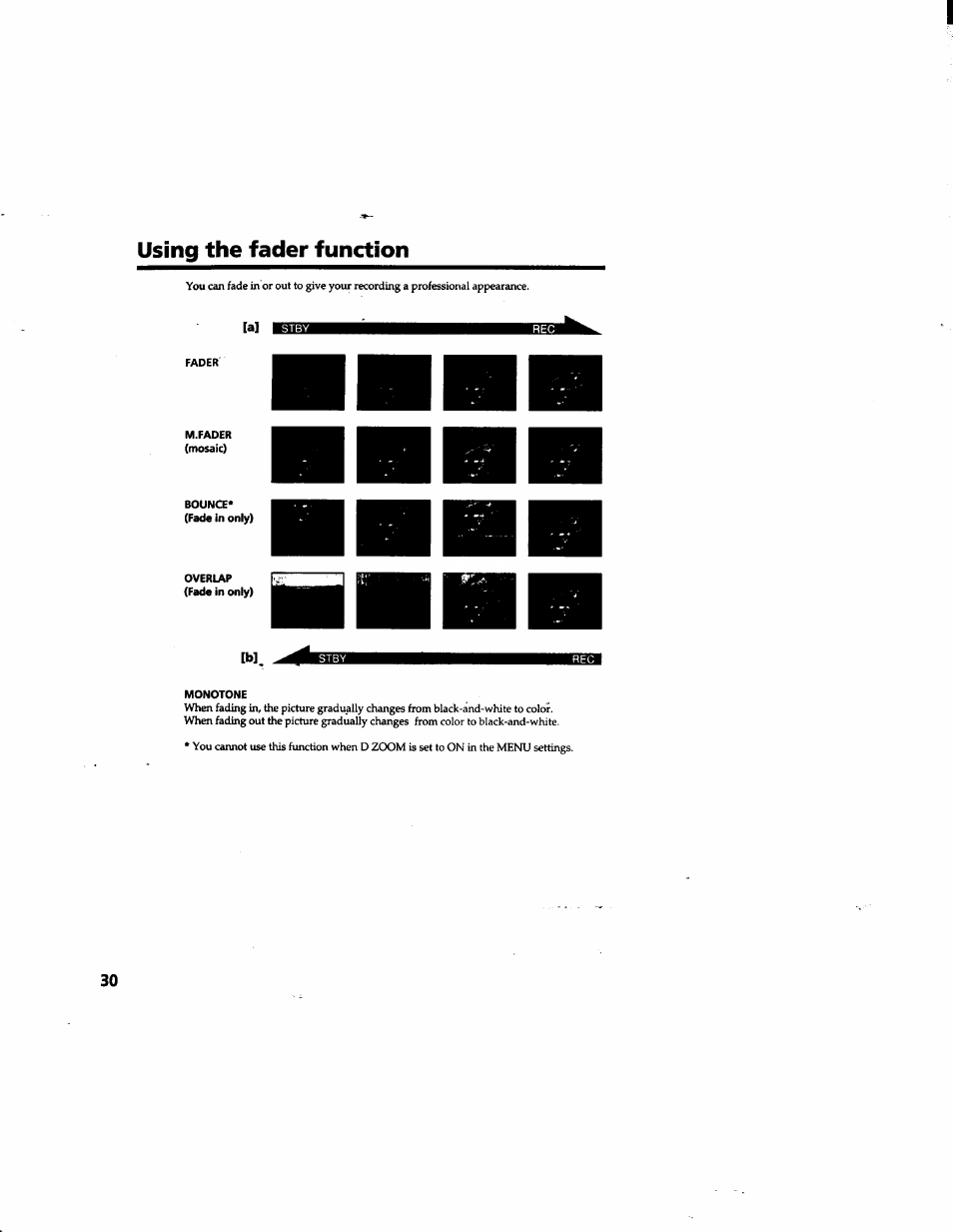 Using the fader function, Fader, M.fader | Monotone | Sony DCR-TRV315 User Manual | Page 30 / 84