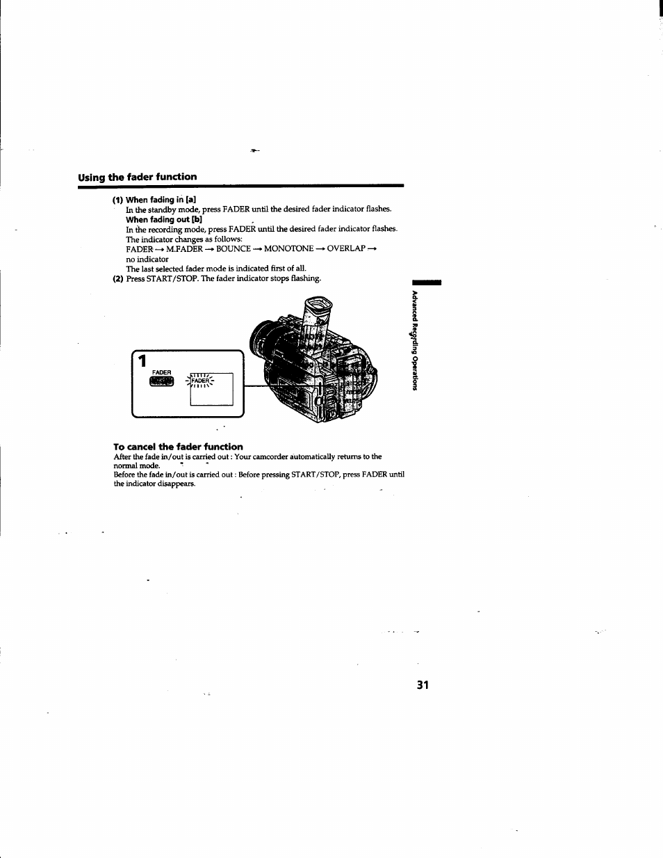 1) when fading in [a, When fading out [b, To cancel the fader function | Sony DCR-TRV315 User Manual | Page 31 / 84