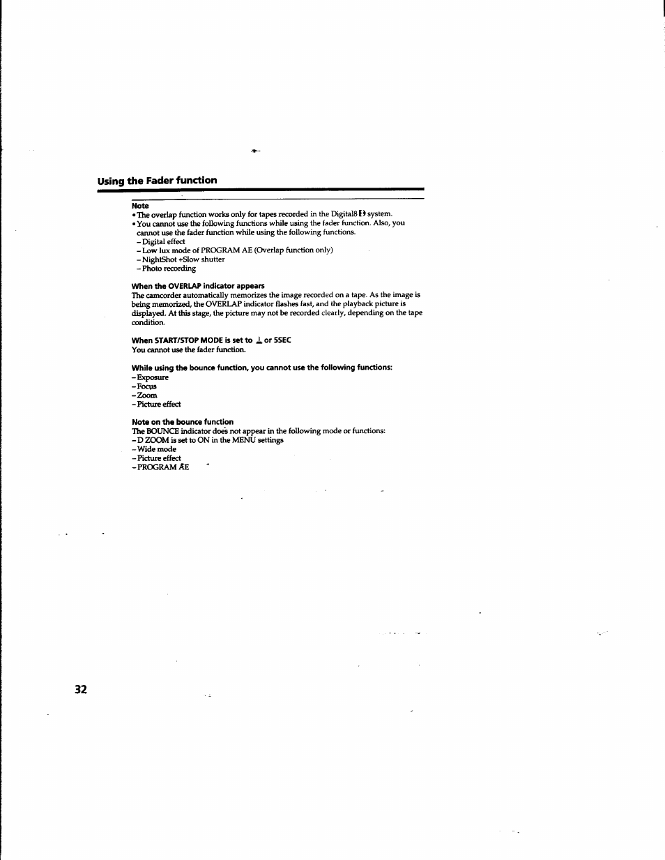 Note, When the overlap indicator appears, When start/stop mode is set to 1 or 5sec | Note on the bounce function | Sony DCR-TRV315 User Manual | Page 32 / 84