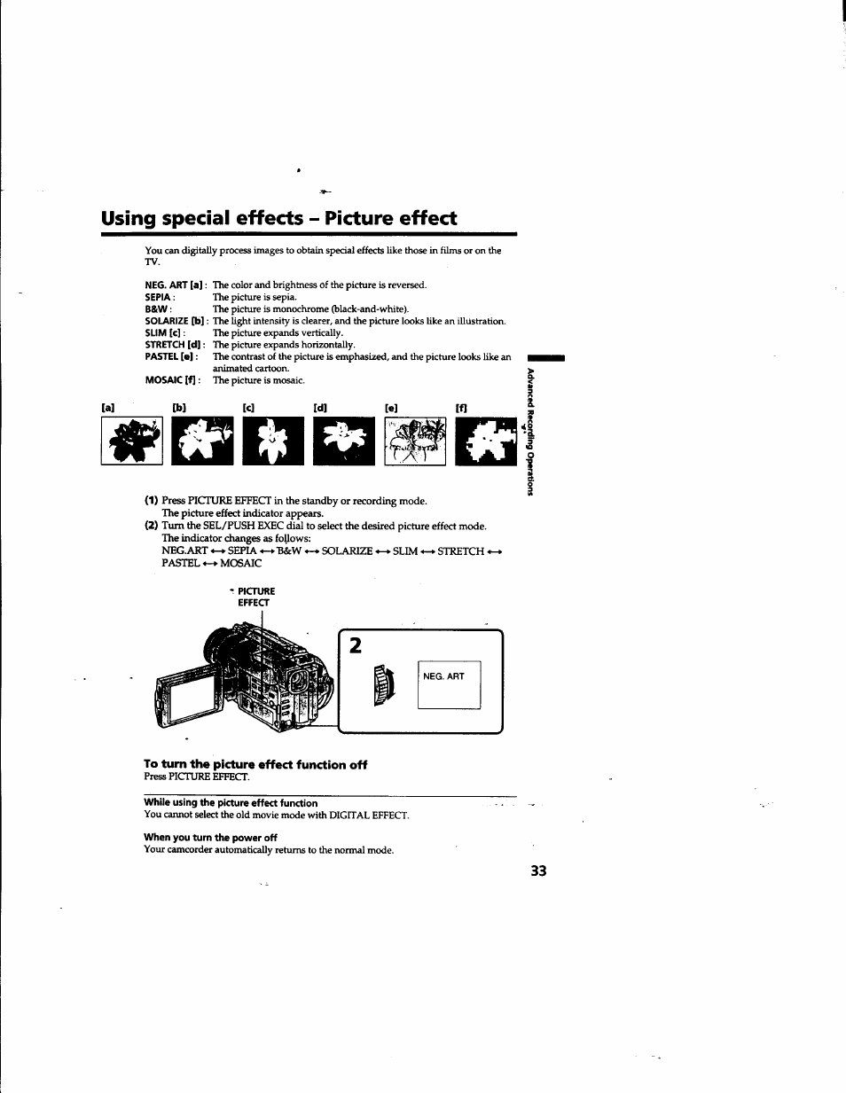 Using special effects - picture effect, To turn the picture effect function off, While using the picture effect function | When you turn the power off | Sony DCR-TRV315 User Manual | Page 33 / 84