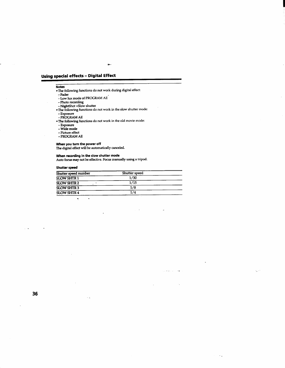 Notes, When you turn the power off, When recording in the slow shutter mode | Sony DCR-TRV315 User Manual | Page 36 / 84