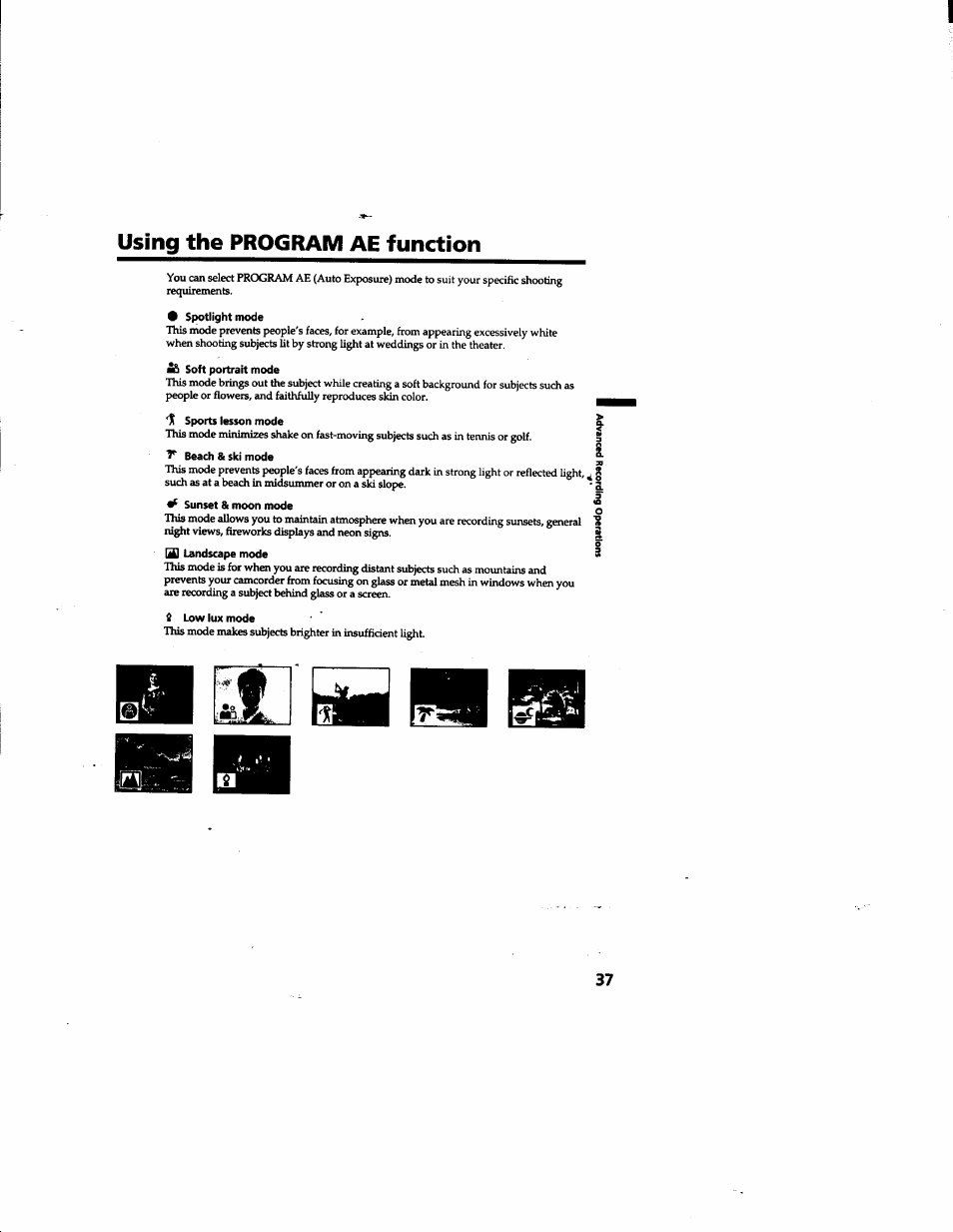 Using the program ae function | Sony DCR-TRV315 User Manual | Page 37 / 84