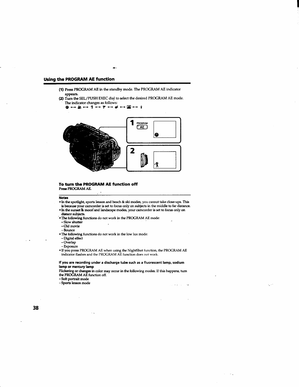 Using the program ae function, To turn the program ae function off | Sony DCR-TRV315 User Manual | Page 38 / 84