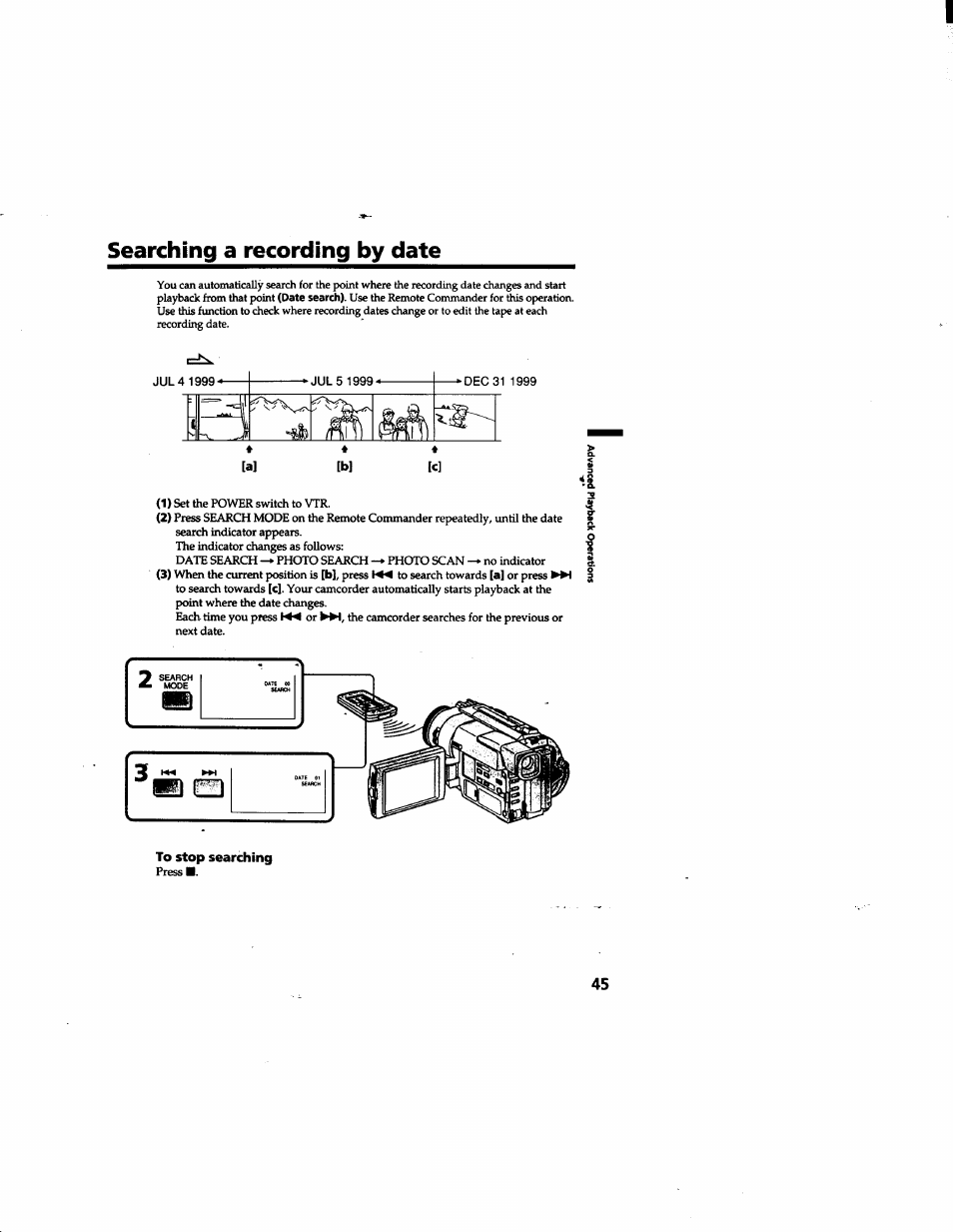 Searching a recording by date, To stop searching | Sony DCR-TRV315 User Manual | Page 45 / 84