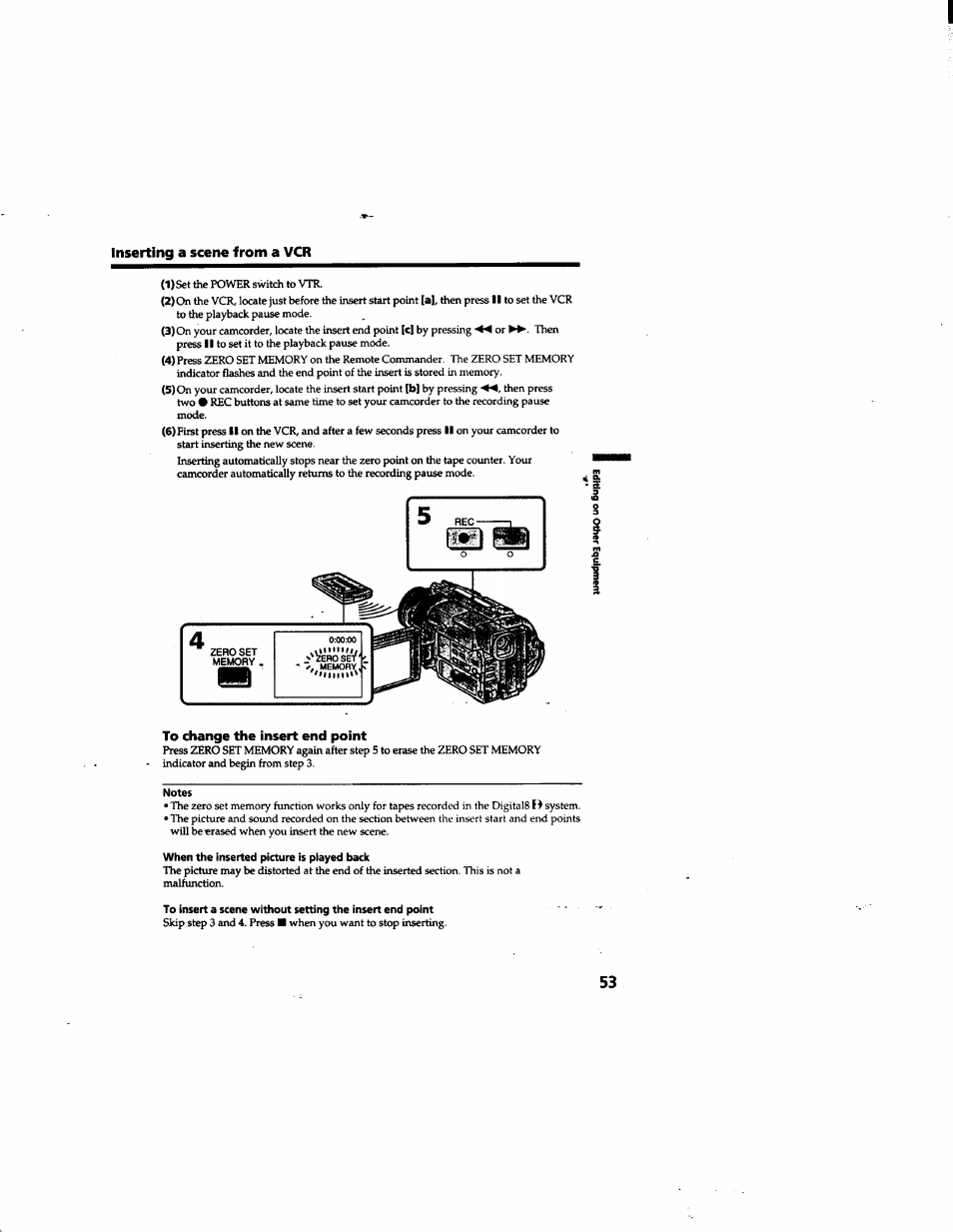 Inserting a scene from a vcr, To change the insert end point | Sony DCR-TRV315 User Manual | Page 53 / 84