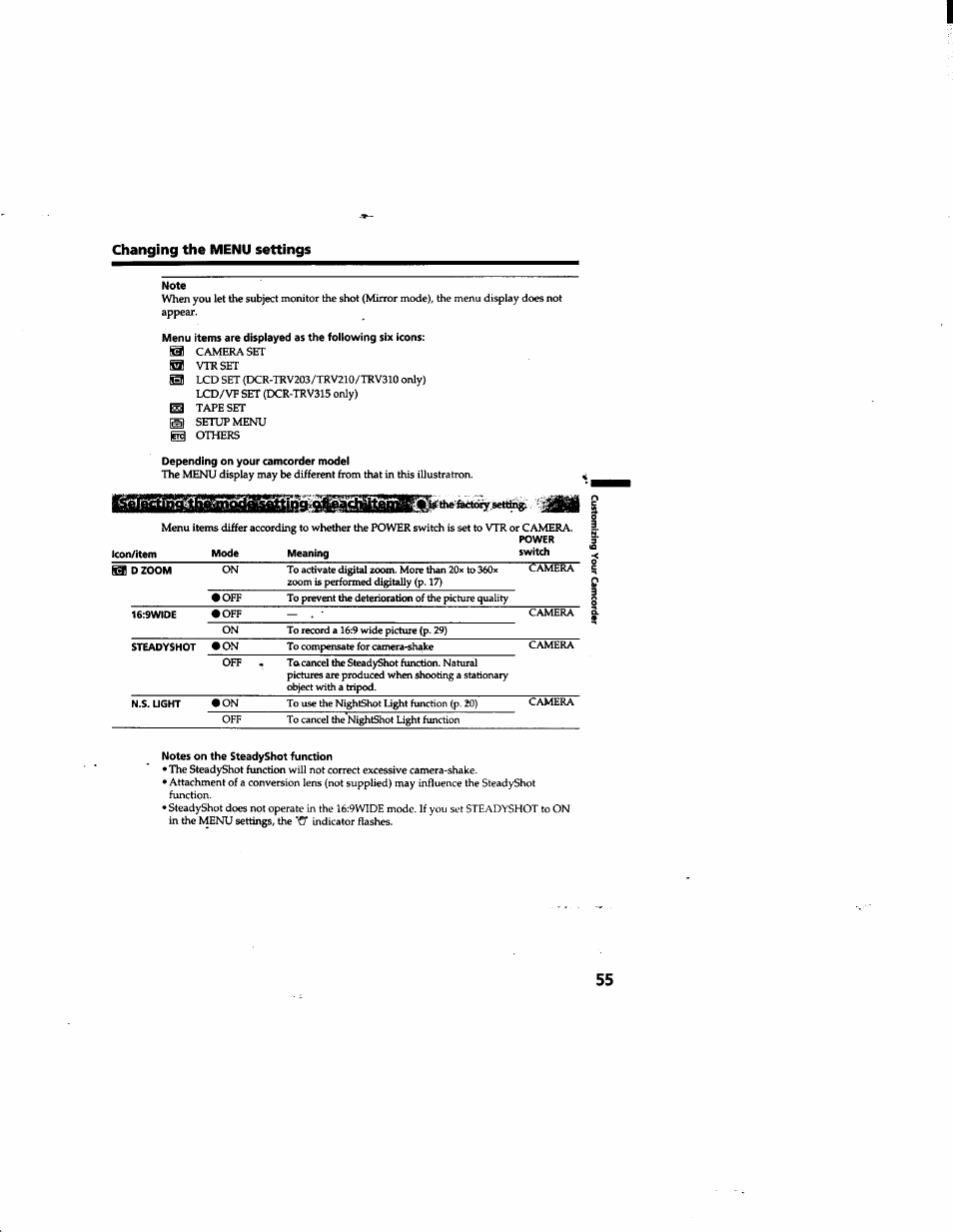 Note, Depending on your camcorder model, The’&ih^settfag | Notes on the steadyshot function | Sony DCR-TRV315 User Manual | Page 55 / 84