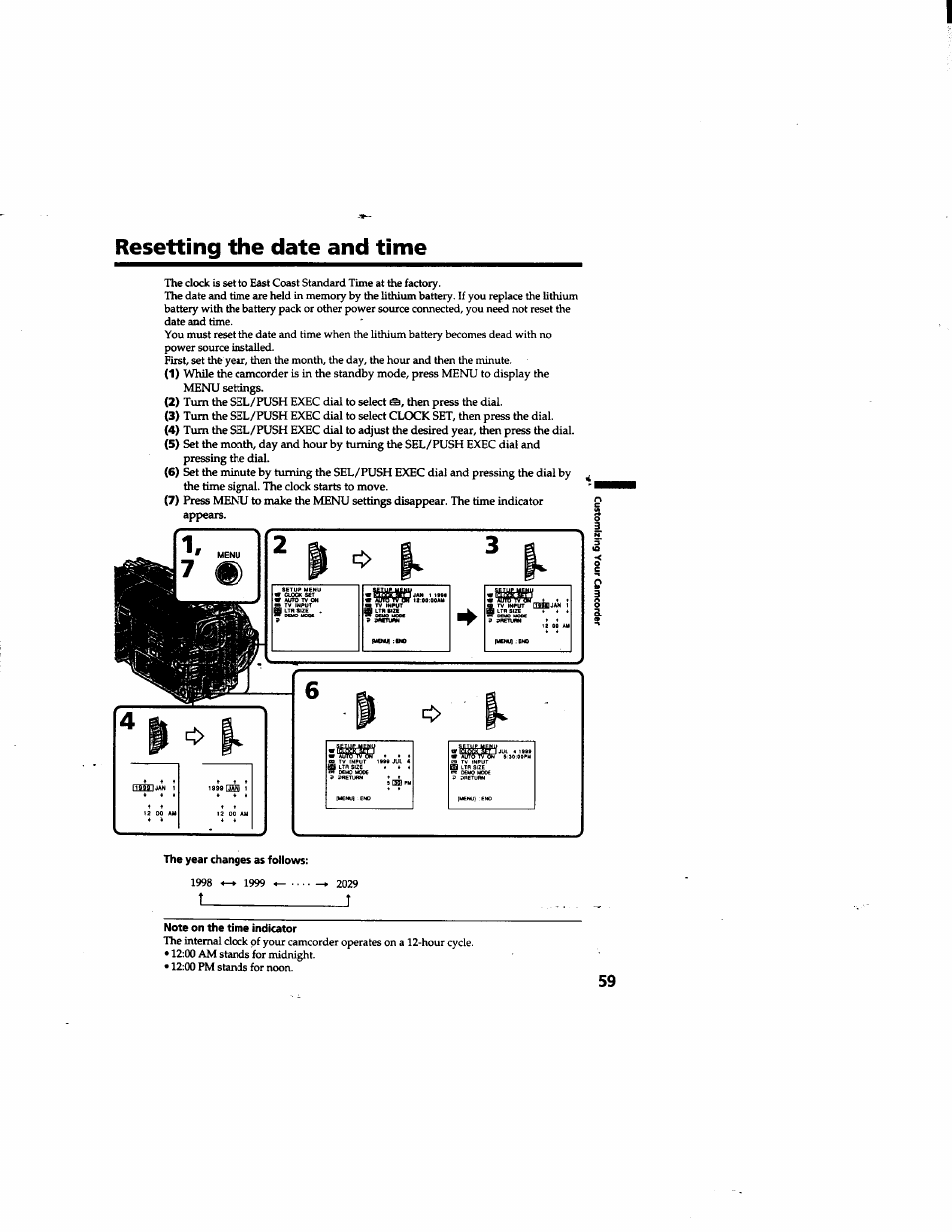 Resetting the date and time, The year changes as follows, 2$ ^ i' 3 1 | I' 4 p, T_ _ _ _ _ _ _ _ _ _ _ _ _ i | Sony DCR-TRV315 User Manual | Page 59 / 84