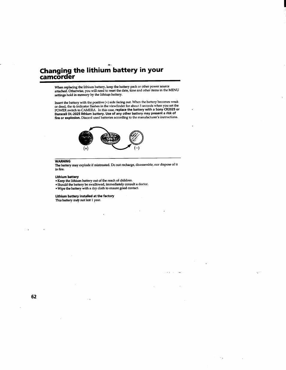 Changing the lithium battery in your camcorder | Sony DCR-TRV315 User Manual | Page 62 / 84