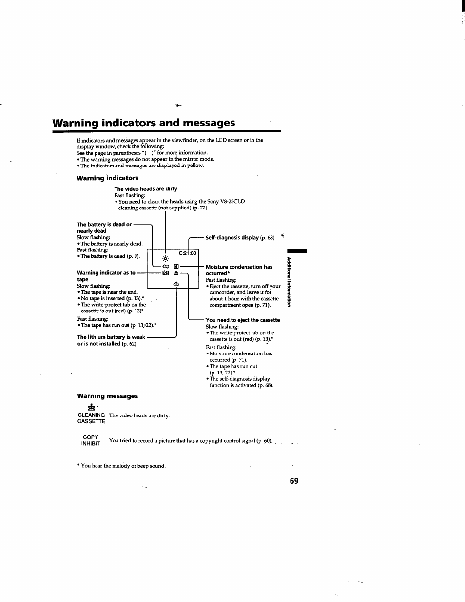 Warning indicators and messages, Warning indicators, The video heads are dirty | The battery is dead or — nearly dead, Warning indicator as to tape, Warning messages | Sony DCR-TRV315 User Manual | Page 69 / 84