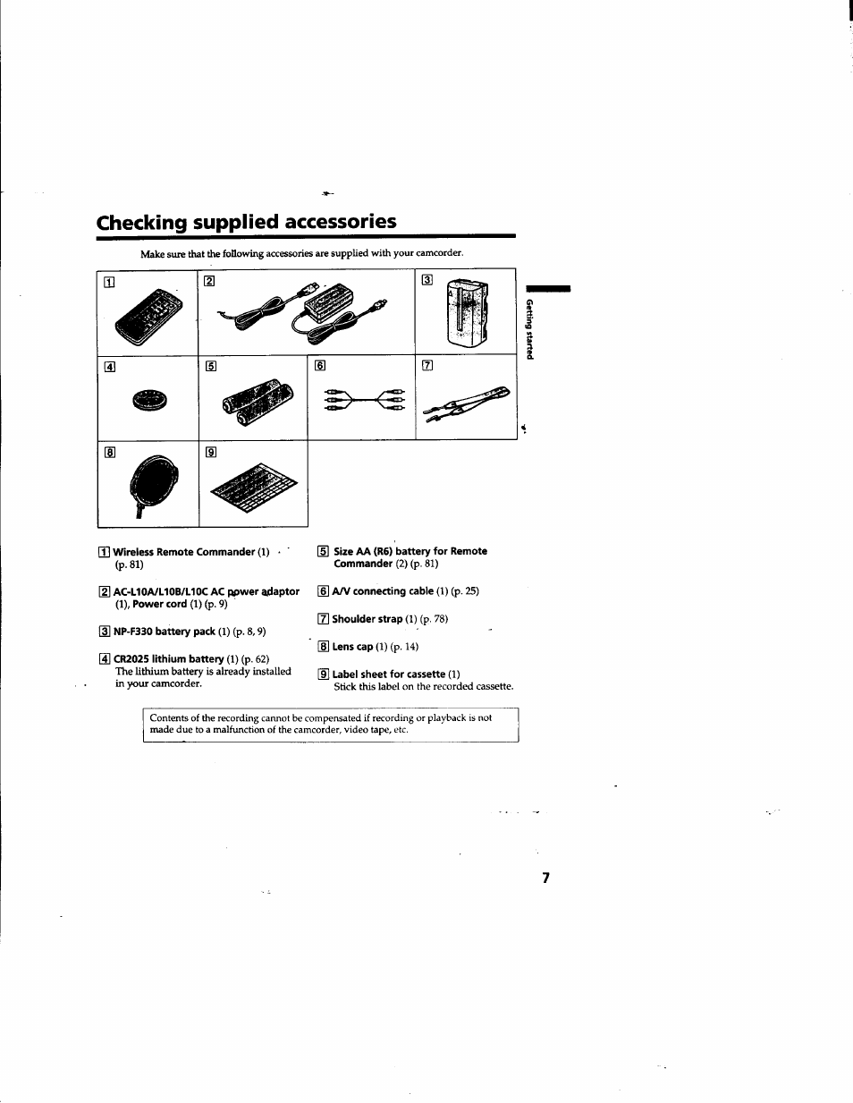 Checking supplied accessories | Sony DCR-TRV315 User Manual | Page 7 / 84