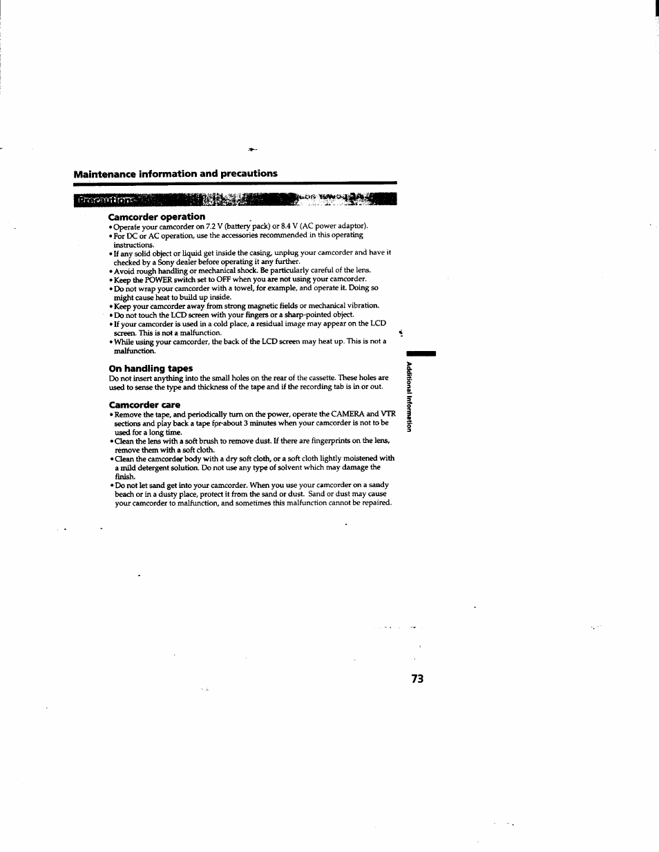 Camcorder operation, On handling tapes, Camcorder care | Sony DCR-TRV315 User Manual | Page 73 / 84