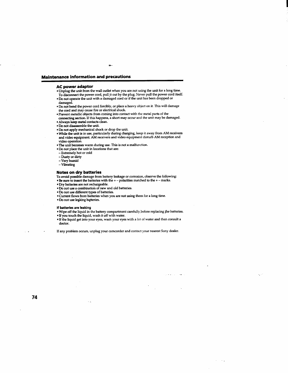 Ac power adaptor, Notes on dry batteries | Sony DCR-TRV315 User Manual | Page 74 / 84