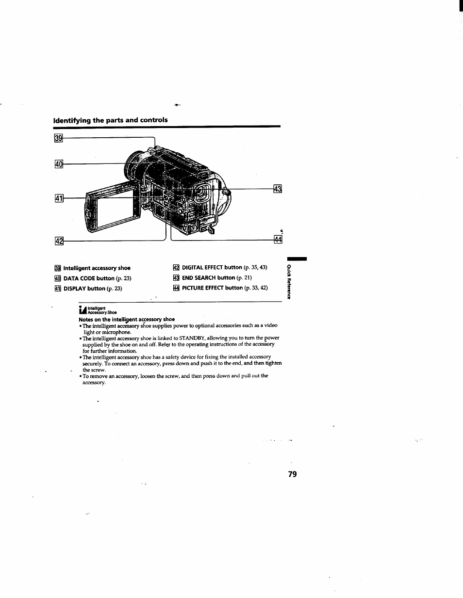 Identifying the parts and controls, H picture effect button (p. 33,42), Notes on the intelligent accessory shoe | Sony DCR-TRV315 User Manual | Page 79 / 84